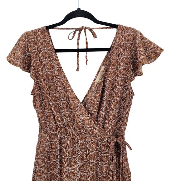 Y2K Boho Flutter Sleeve Faux Wrap Baby Doll Mini Dress Sz M Ruffle Hem Brown - Picture 12 of 13